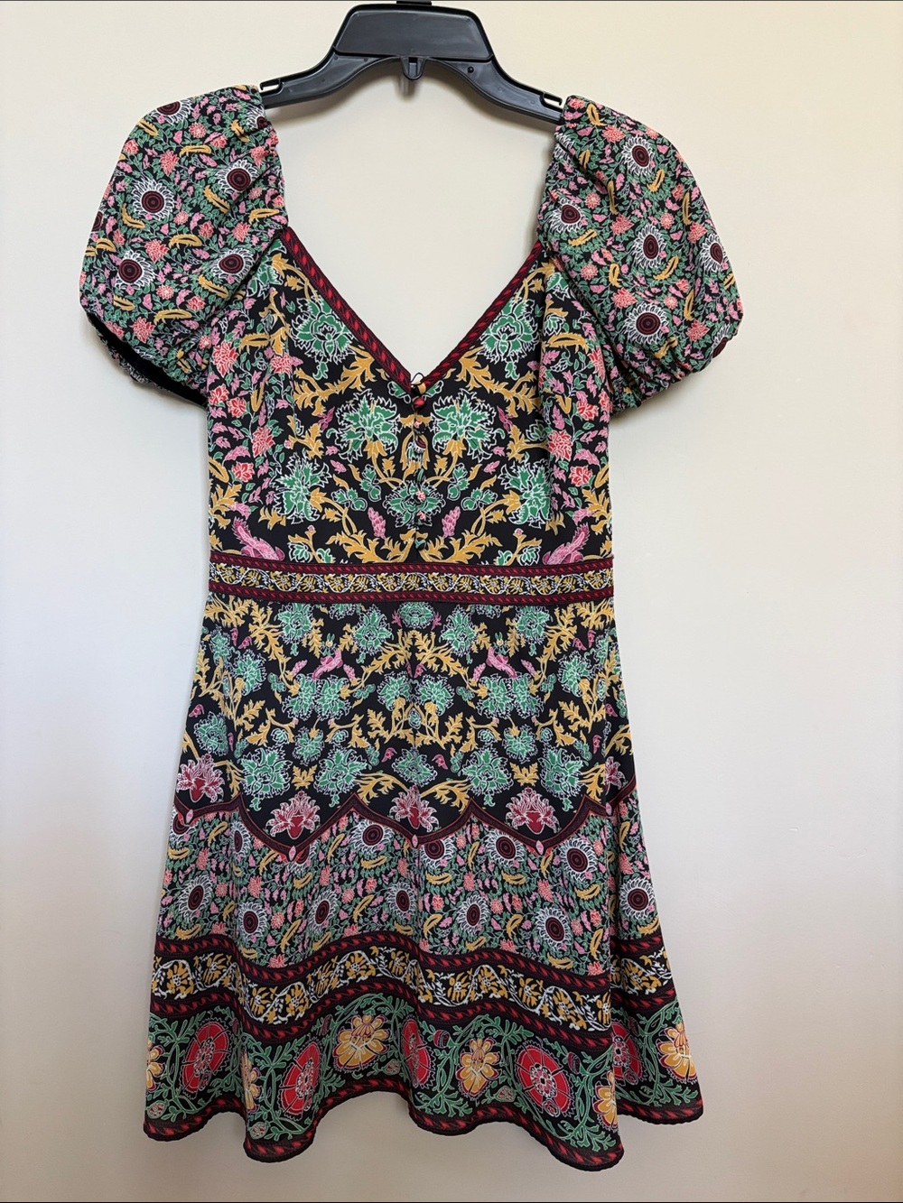 Alice + Olivia Dana Puff Sleeve Flare Mini Dress V-Neck Flower Pot Black Size 2